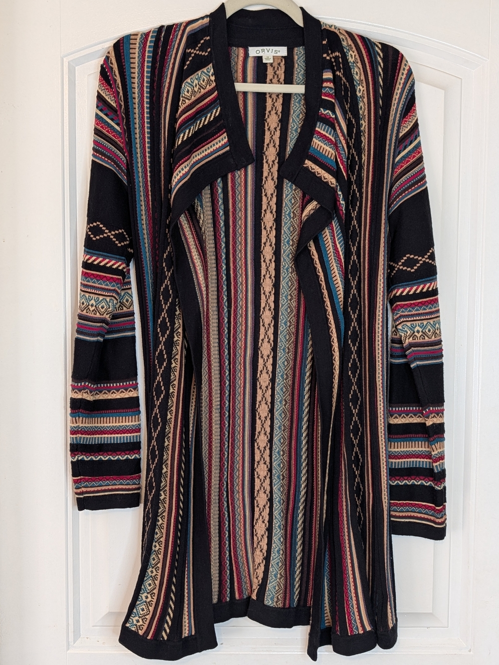 Orvis Western Southwestern Geometric Stripe Open Front Longline Cardigan Sweater